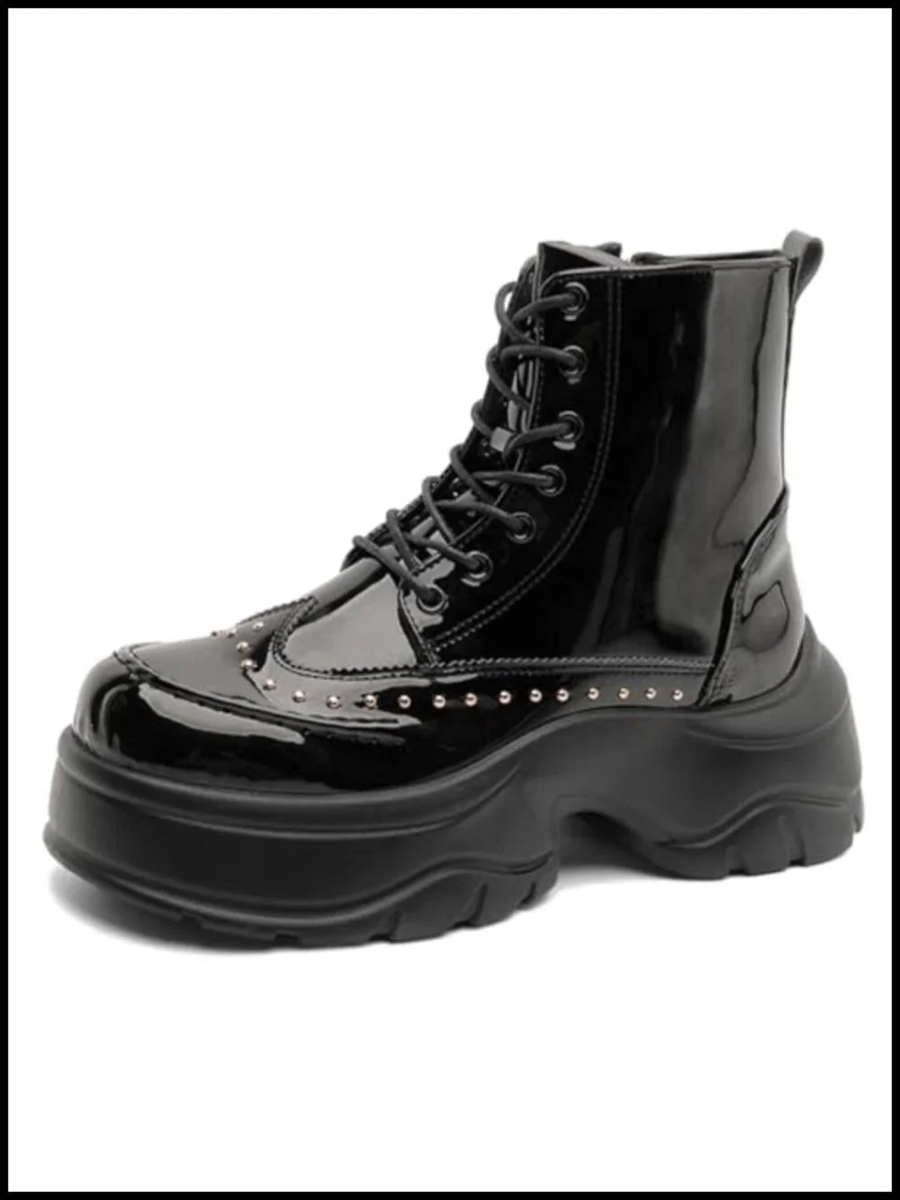 Patent Leather Rivet Platform Motorcycle Boots with Side Zipper - Non Slip